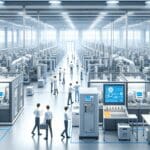 Interior de una moderna fábrica tecnológica con maquinaria automatizada y empleados en actividad.