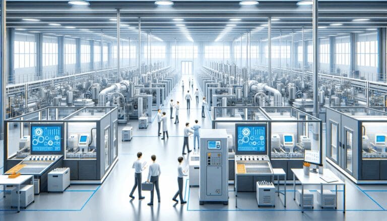 Interior de una moderna fábrica tecnológica con maquinaria automatizada y empleados en actividad.