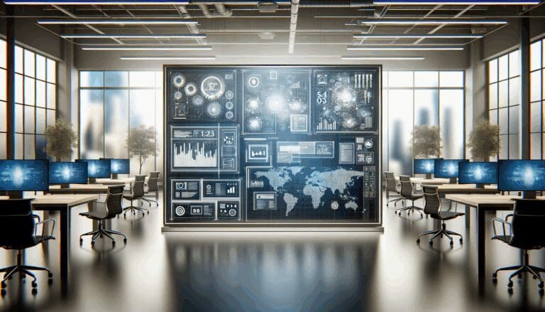 Mesa de trabajo colaborativo en oficina moderna con pantallas mostrando gráficos y códigos, fondo tecnológico desenfocado.
