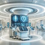 Interior moderno de un hospital tecnológico, con dispositivos médicos y pantallas digitales en un ambiente luminoso.