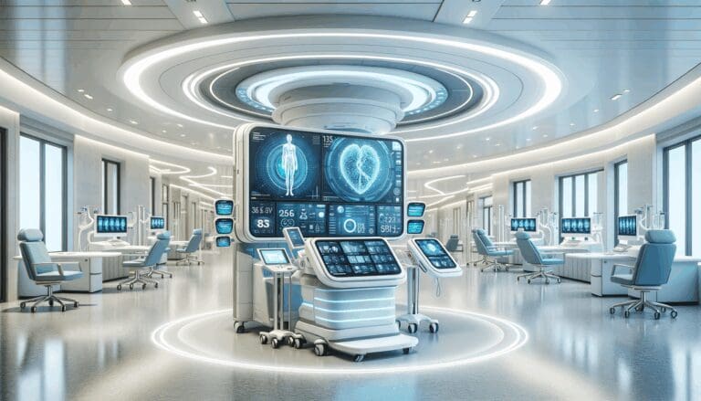 Interior moderno de un hospital tecnológico, con dispositivos médicos y pantallas digitales en un ambiente luminoso.