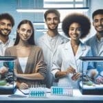 Jóvenes emprendedores trabajando en laboratorios con tanques de corales y equipos tecnológicos