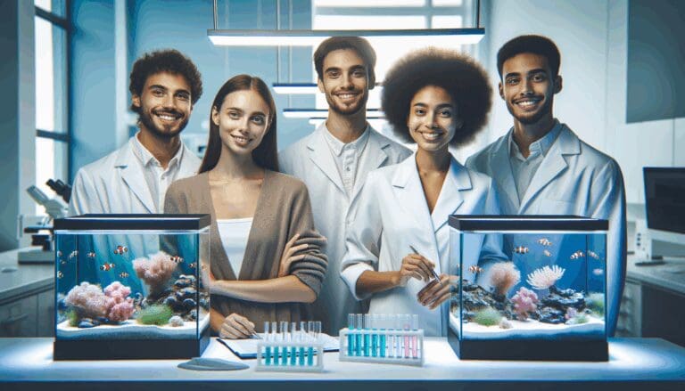 Jóvenes emprendedores trabajando en laboratorios con tanques de corales y equipos tecnológicos