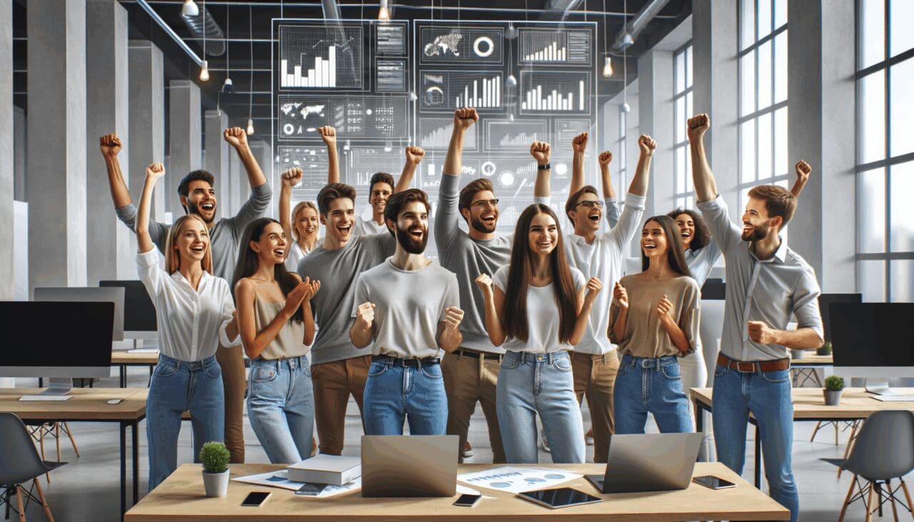 Jóvenes emprendedores celebrando en un moderno centro de innovación, rodeados de pantallas y laptops.