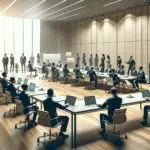 Salón moderno con representantes de startups, universidades y empresas tecnológicas reunidos en torno a mesas de trabajo.