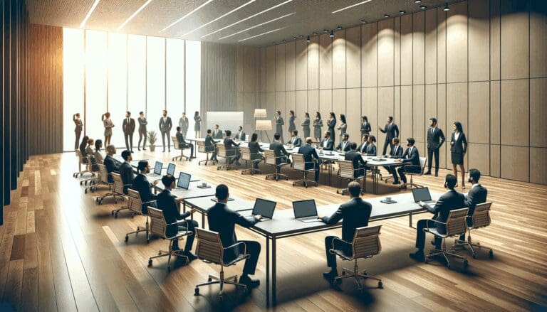 Salón moderno con representantes de startups, universidades y empresas tecnológicas reunidos en torno a mesas de trabajo.