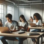 Equipo diverso de jóvenes trabajando con pantallas y laptops en un espacio de coworking tecnológico moderno.