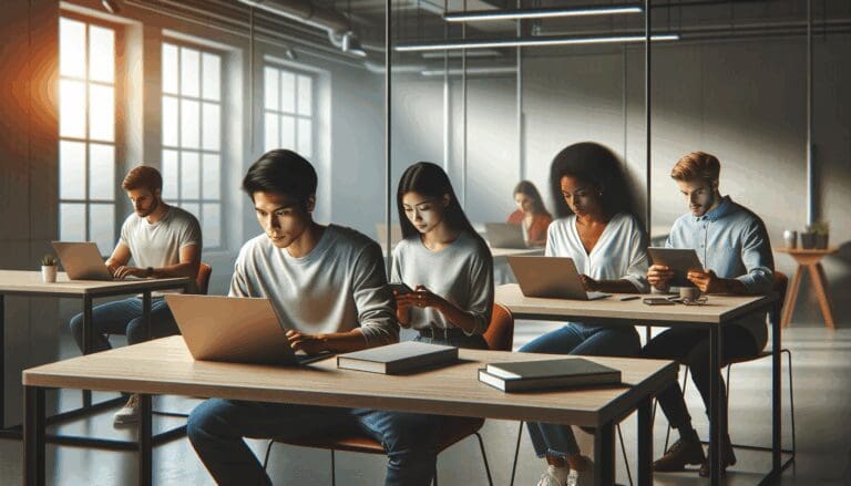 Equipo diverso de jóvenes trabajando con pantallas y laptops en un espacio de coworking tecnológico moderno.