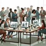 Sala de trabajo llena de jóvenes emprendedores revisando prototipos tecnológicos sobre mesas compartidas.