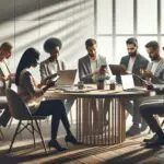 Personas interactuando en una oficina moderna con dispositivos móviles y laptops sobre una mesa redonda.