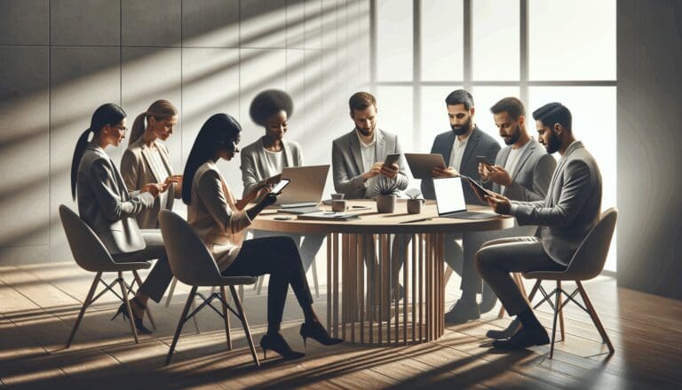Personas interactuando en una oficina moderna con dispositivos móviles y laptops sobre una mesa redonda.