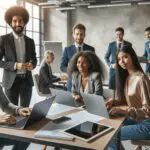 Emprendedores colaborando en un espacio de coworking moderno con laptops y pizarras digitales.