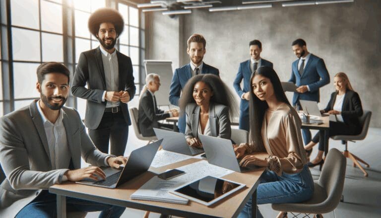 Emprendedores colaborando en un espacio de coworking moderno con laptops y pizarras digitales.