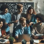 Jóvenes emprendedores colaborando en un espacio de coworking moderno junto a pizarras y laptops.