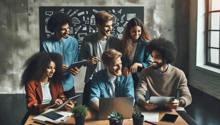 Jóvenes emprendedores colaborando en un espacio de coworking moderno junto a pizarras y laptops.