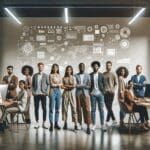 Un grupo diverso de jóvenes emprendedores colaborando en un moderno espacio de coworking, rodeados de pantallas y pizarras digitales.