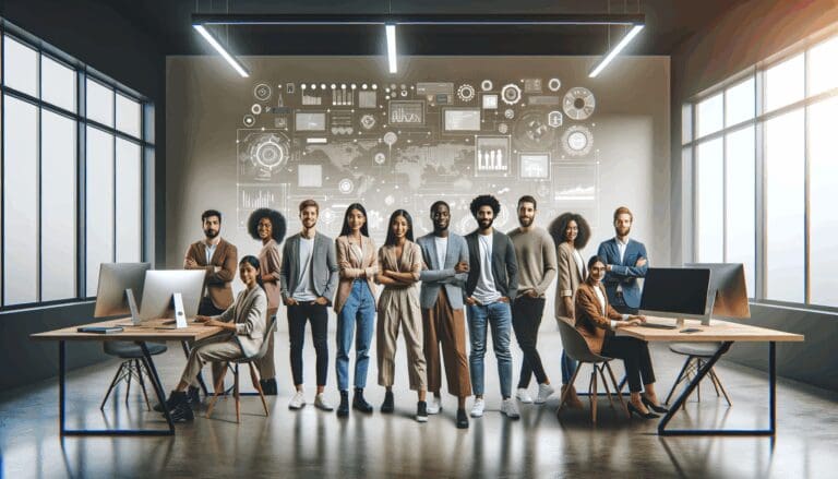 Un grupo diverso de jóvenes emprendedores colaborando en un moderno espacio de coworking, rodeados de pantallas y pizarras digitales.