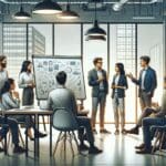 Plano medio de un grupo de emprendedores discutiendo frente a una pizarra digital en un espacio de coworking moderno.