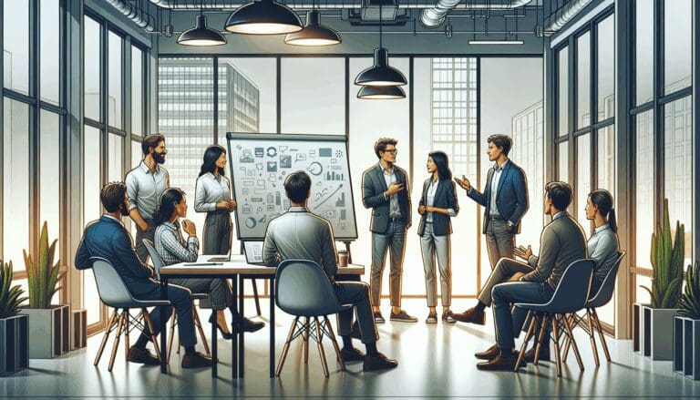 Plano medio de un grupo de emprendedores discutiendo frente a una pizarra digital en un espacio de coworking moderno.