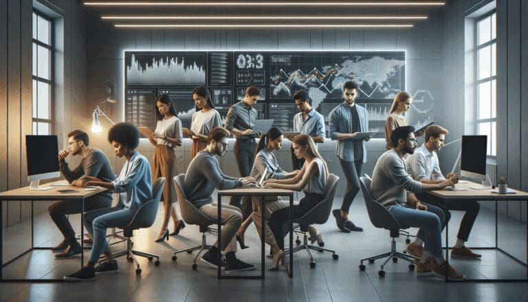 Grupo de jóvenes profesionales colaborando en un moderno espacio de coworking con pantallas digitales mostrando gráficos de criptomonedas.