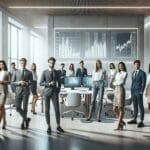 Equipo de jóvenes emprendedores reunidos en una oficina moderna, con gráficos financieros en pantallas.