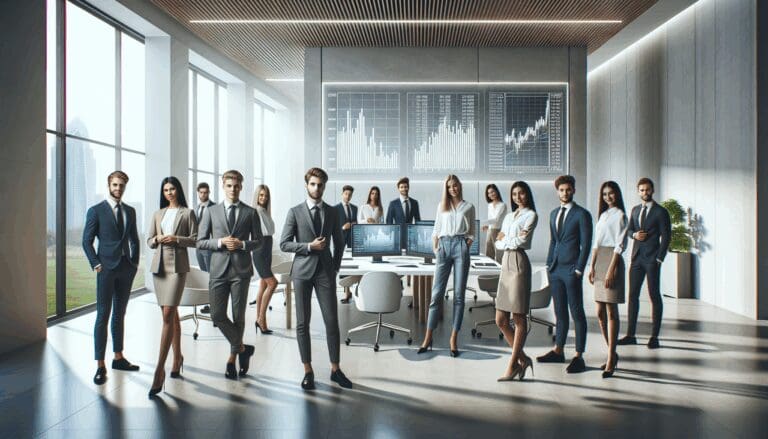 Equipo de jóvenes emprendedores reunidos en una oficina moderna, con gráficos financieros en pantallas.