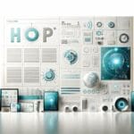 Fondo blanco con dispositivos Apple y gráficos digitales en tonos azul y verde, concepto de inteligencia artificial.