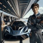 Fotografía editorial de un joven piloto junto a un auto deportivo en un box tecnológico iluminado.