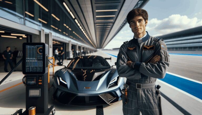 Fotografía editorial de un joven piloto junto a un auto deportivo en un box tecnológico iluminado.