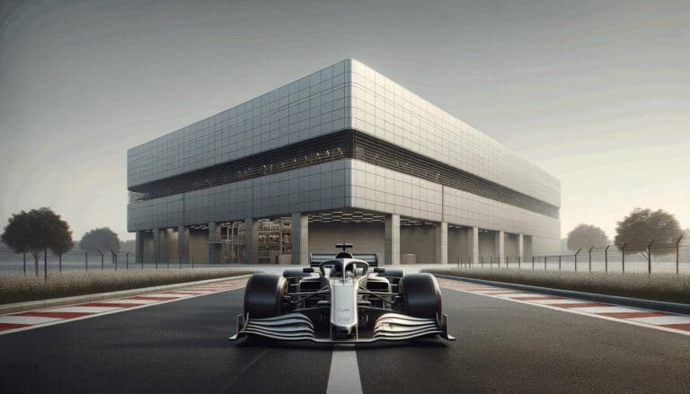 Automóvil de carreras parado frente a una moderna instalación tecnológica.