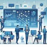 Ilustración de emprendedores colaborando con algoritmos y pantallas digitales en tonos neutros y azulados.