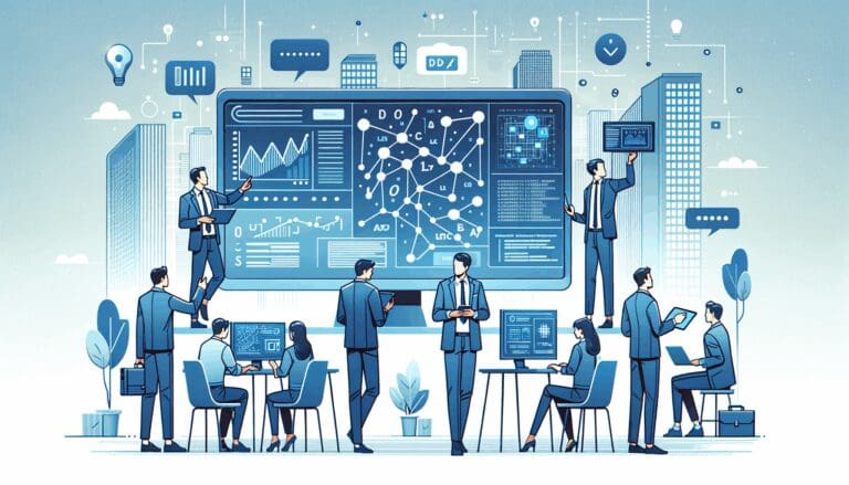 Ilustración de emprendedores colaborando con algoritmos y pantallas digitales en tonos neutros y azulados.