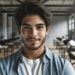 Retrato editorial de un emprendedor latinoamericano en un espacio de coworking moderno.