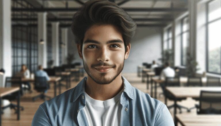 Retrato editorial de un emprendedor latinoamericano en un espacio de coworking moderno.