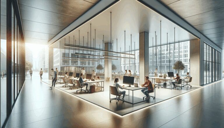 Espacio de coworking moderno en una ciudad europea con jóvenes emprendedores colaborando en tecnología.