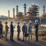 Equipo de ingenieros revisando instalaciones industriales de gas en un paisaje patagónico al atardecer.