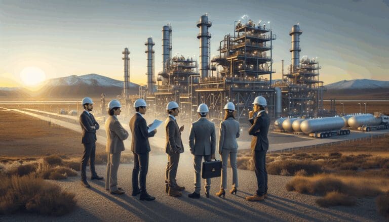 Equipo de ingenieros revisando instalaciones industriales de gas en un paisaje patagónico al atardecer.