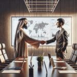 Dos personas estrechando manos en una sala de reuniones moderna, con laptop y pizarras digitales al fondo.