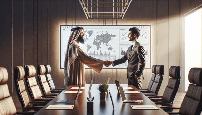 Dos personas estrechando manos en una sala de reuniones moderna, con laptop y pizarras digitales al fondo.