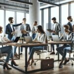 Oficinas modernas con jóvenes emprendedores trabajando en laptops en un entorno colaborativo.