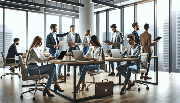 Oficinas modernas con jóvenes emprendedores trabajando en laptops en un entorno colaborativo.