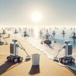 Playa extensa con robots autónomos realizando labores de limpieza sobre la arena, ambiente soleado y moderno.