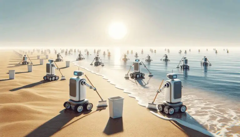 Playa extensa con robots autónomos realizando labores de limpieza sobre la arena, ambiente soleado y moderno.