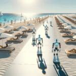 Playa amplia con robots autónomos desplazándose entre bañistas, ambiente moderno y soleado.