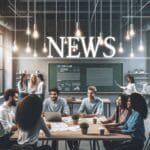 Equipo multicultural colaborando en espacios de coworking modernos con pantallas y pizarras digitales.