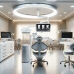 Fotografía conceptual de un laboratorio dental moderno con equipos digitales y pantallas, ambiente luminoso y profesional.