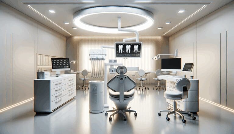 Fotografía conceptual de un laboratorio dental moderno con equipos digitales y pantallas, ambiente luminoso y profesional.