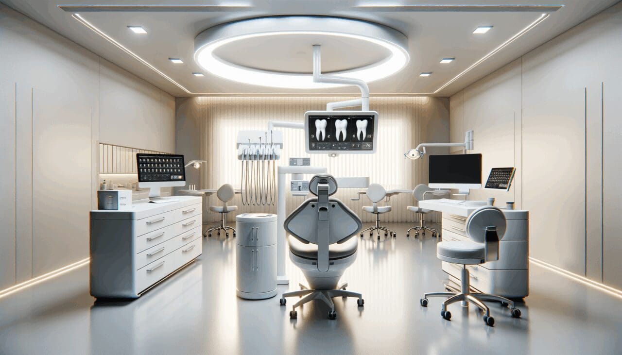 Fotografía conceptual de un laboratorio dental moderno con equipos digitales y pantallas, ambiente luminoso y profesional.