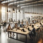 Espacio moderno de coworking con emprendedores colaborando y laptops en mesas largas.