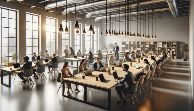 Espacio moderno de coworking con emprendedores colaborando y laptops en mesas largas.